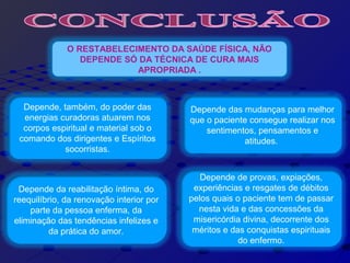 Depende, também, do poder das
energias curadoras atuarem nos
corpos espiritual e material sob o
comando dos dirigentes e Espíritos
socorristas.
O RESTABELECIMENTO DA SAÚDE FÍSICA, NÃO
DEPENDE SÓ DA TÉCNICA DE CURA MAIS
APROPRIADA .
Depende das mudanças para melhor
que o paciente consegue realizar nos
sentimentos, pensamentos e
atitudes.
Depende da reabilitação íntima, do
reequilíbrio, da renovação interior por
parte da pessoa enferma, da
eliminação das tendências infelizes e
da prática do amor.
Depende de provas, expiações,
experiências e resgates de débitos
pelos quais o paciente tem de passar
nesta vida e das concessões da
misericórdia divina, decorrente dos
méritos e das conquistas espirituais
do enfermo.
 