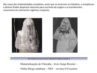 Nos casos das materializações completas, assim que se encerram os trabalhos, o ectoplasma
e demais fluidos dispersos retornam para sua fonte de origem e se transformam,
novamente,nos elementos orgânicos corporais.

 