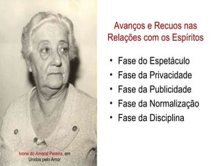 Ivone do Amaral Pereira , em Unidos pelo Amor Avanços e Recuos nas Relações com os Espíritos Fase do Espetáculo Fase da Privacidade  Fase da Publicidade  Fase da Normalização  Fase da Disciplina  