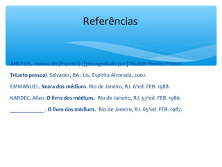 Referências


ÂNGELIS, Joanna de (Espírito) ; [psicografado por] Divaldo Pereira Franco.

Triunfo pessoal. Salvador, BA : Liv. Espírita Alvorada, 2002.

EMMANUEL. Seara dos médiuns. Rio de Janeiro, RJ. 6ªed. FEB. 1988.

KARDEC, Allan. O livro dos médiuns. Rio de Janeiro, RJ. 53ªed. FEB. 1986.

____________ . O livro dos médiuns. Rio de Janeiro, RJ. 65ªed. FEB. 1987.
 
