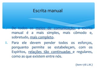 Escrita manual


i.    De todos os meios de comunicação, a escrita
      manual é a mais simples, mais cômodo e,
      sobretudo, mais completo.
ii.   Para ele devem pender todos os esforços,
      porquanto permite se estabeleçam, com os
      Espíritos, relações tão continuadas e regulares,
      como as que existem entre nós.

                                           (item 178 L.M.)
 