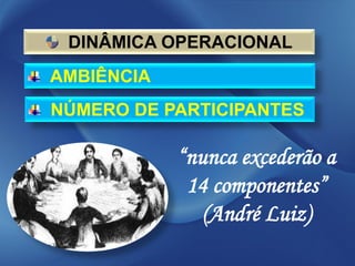DINÂMICA OPERACIONAL
AMBIÊNCIA
NÚMERO DE PARTICIPANTES

            “nunca excederão a
             14 componentes”
               (André Luiz)
 