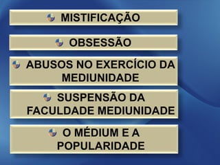 MISTIFICAÇÃO

      OBSESSÃO
ABUSOS NO EXERCÍCIO DA
     MEDIUNIDADE
    SUSPENSÃO DA
FACULDADE MEDIUNIDADE

     O MÉDIUM E A
    POPULARIDADE
 
