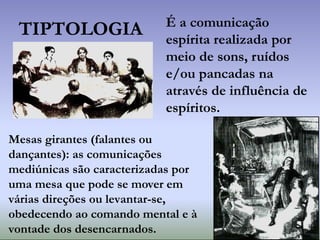 TIPTOLOGIA É a comunicação
espírita realizada por
meio de sons, ruídos
e/ou pancadas na
através de influência de
espíritos.
Mesas girantes (falantes ou
dançantes): as comunicações
mediúnicas são caracterizadas por
uma mesa que pode se mover em
várias direções ou levantar-se,
obedecendo ao comando mental e à
vontade dos desencarnados.
 