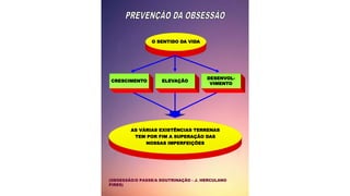 O SENTIDO DA VIDA
CRESCIMENTO ELEVAÇÃO
DESENVOL-
VIMENTO
AS VÁRIAS EXISTÊNCIAS TERRENAS
TEM POR FIM A SUPERAÇÃO DAS
NOSSAS IMPERFEIÇÕES
(OBSESSÃO/O PASSE/A DOUTRINAÇÃO - J. HERCULANO
PIRES)
 