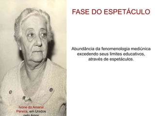 Ivone do Amaral
Pereira, em Unidos
FASE DO ESPETÁCULO
Abundância da fenomenologia mediúnica
excedendo seus limites educativos,
através de espetáculos.
 