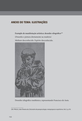 154
ANEXO DO TEMA: ILUSTRAÇÕES
Exemplo de manifestação artística: desenho xilográfico256
(Desenho e pintura diretamente na madeira)
Médium desconhecido. Espírito desconhecido.
Desenho xilográfico mediúnico, representando Francisco de Assis.
256 PAULA, JoãoTeixeira de. Dicionário de parapsicologia, metapsíquica e espiritismo.Vol. 2, p. 93.
 