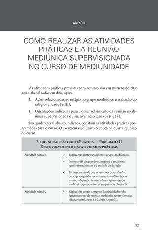 221
ANEXO II
COMO REALIZAR AS ATIVIDADES
PRÁTICAS E A REUNIÃO
MEDIÚNICA SUPERVISIONADA
NO CURSO DE MEDIUNIDADE
As atividades práticas previstas para o curso são em número de 20 e
estão classificadas em dois tipos:
I. Ações relacionadas ao estágio no grupo mediúnico e avaliação do
estágio (anexos I e III);
II. Orientações indicadas para o desenvolvimento da reunião medi-
única supervisionada e a sua avaliação (anexos II e IV).
No quadro geral abaixo indicado, constam as atividades práticas pro-
gramadas para o curso. O exercício mediúnico começa na quarta reunião
do curso.
Mediunidade: Estudo e Prática — Programa II
Desenvolvimento das atividades práticas
Atividade prática 1 • Explicações sobre o estágio nos grupos mediúnicos.
• Informações de quando acontecerá o estágio nas
reuniões mediúnicas e o período de duração.
• Esclarecimento de que as reuniões de estudo do
curso prosseguirão normalmente nos dias e horas
usuais, independentemente do estágio no grupo
mediúnico, que acontecerá em paralelo (Anexo I).
Atividade prática 2 • Explicações gerais a respeito das finalidades e do
funcionamento da reunião mediúnica supervisionada
(Quadro geral, itens 1 e 2 deste Anexo II).
 