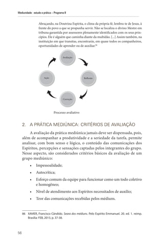 56
Mediunidade: estudo e prática – Programa II
Abraçando, na Doutrina Espírita, o clima da própria fé, lembra-te de Jesus, à
frente do povo a que se propunha servir. Não se localiza o divino Mestre em
tribuna garantida por assessores plenamente identificados com os seus prin-
cípios. Ele é alguém que caminha diante da multidão. [...] Assim também, na
instituição em que transitas, encontrarás, em quase todos os companheiros,
oportunidades de aprender ou de auxiliar.86
Avaliação
Reflexão
Correção
Ação
Processo avaliativo
2. A PRÁTICA MEDIÚNICA: CRITÉRIOS DE AVALIAÇÃO
A avaliação da prática mediúnica jamais deve ser dispensada, pois,
além de acompanhar a produtividade e a seriedade da tarefa, permite
analisar, com bom senso e lógica, o conteúdo das comunicações dos
Espíritos, percepções e sensações captadas pelos integrantes do grupo.
Nesse aspecto, são considerados critérios básicos da avaliação de um
grupo mediúnico:
• Impessoalidade;
• Autocrítica;
• Esforço comum da equipe para funcionar como um todo coletivo
e homogêneo;
• Nível de atendimento aos Espíritos necessitados de auxílio;
• Teor das comunicações recebidas pelos médiuns.
86 XAVIER, Francisco Cândido. Seara dos médiuns. Pelo Espírito Emmanuel. 20. ed. 1. reimp.
Brasília: FEB, 2013, p. 37-38.
 