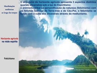 Fetichismo
Manifestações
mediúnicas
ao longo dos tempos
Horizonte agrícola
na visão espírita
(J. Herculano Pires / O Espírito e o Tempo)
O animismo do horizonte agrícola apresenta 3 aspectos distintos
quando encarados sob a luz do Espiritismo:
o animismo tribal na personificação da natureza (fetichismo) com
os fetiches básicos da Terra-mãe e do Céu-Pai, o fetichismo se
funde com o culto dos ancestrais através do mediunismo.
 