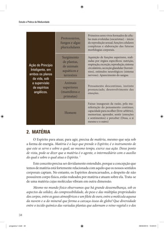 34
Estudo e Prática da Mediunidade
Ação do Princípio
Inteligente, em
ambos os planos
da vida, sob
a supervisão
de espíritos
angélicos.
Protozoários,
fungos e algas
pluricelulares
Primeiros seres vivos formados de célu-
las mais evoluidas (eucariotas) – início
da reprodução sexual, funções celulares
complexas e elaboração das futuras
morfologias corporais.
Surgimento
de plantas,
de animais
aquáticos e
terrestres
Aquisição de funções superiores, reali-
zadas por órgãos específicos: nutrição,
respiração,excreção,reprodução,sistema
circulatório,secreçãoglandular(hormô-
nios), estímulos neurológicos (sistema
nervoso). Aparecimento do sangue.
Animais
superiores
(mamíferos e
primatas)
Pensamento descontínuo, instinto
pronunciado, desenvolvimento das
emoções.
Homem
Faixas inaugurais da razão, pela ma-
nifestação do pensamento contínuo;
capacidadeparaescolher(livre-arbítrio),
memorizar, aprender, sentir (emoções
e sentimentos) e perceber (Deus, a si
mesmo e o outro)
2. MATÉRIA
O Espírito para atuar, para agir, precisa de matéria, mesmo que seja sob
a forma de energia. Matéria é o laço que prende o Espírito; é o instrumento de
que este se serve e sobre o qual, ao mesmo tempo, exerce sua ação. Desse ponto
de vista, pode-se dizer que a matéria é o agente, o intermediário com o auxílio
do qual e sobre o qual atua o Espírito. 7
Este conceito precisa ser devidamente entendido, porque a concepção que
temos de matéria está fortemente relacionada com aquilo que os nossos sentidos
corporais captam. No entanto, os Espíritos desencarnados, a despeito de não
possuírem corpo físico, estão rodeados por matéria e atuam sobre ela. Trata-se
de uma matéria cujas moléculas vibram em outra dimensão.
Mesmo no mundo físico observamos que há grande dessemelhança, sob os
aspectos da solidez, da compressibilidade, do peso e das múltiplas propriedades
dos corpos, entre os gases atmosféricos e um filete de ouro, entre a molécula aquosa
da nuvem e a do mineral que forma a carcaça óssea do globo! Que diversidade
entre o tecido químico das variadas plantas que adornam o reino vegetal e o dos
programa 1.indd 34 06/02/2013 15:05:01
 