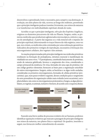 31
Programa I
desenvolveu o aprendizado, lento e necessário, para cumprir a sua destinação. A
evolução, nos dois planos da vida, ocorreu ao longo dos milênios, permitindo
que o princípio inteligente pudesse transitar, livremente, nos reinos da natureza
e se transformar em individualidade espiritual, dotada de razão.
Acredita-se que o princípio inteligente, sob ação dos Espíritos Angélicos,
originou os elementos precursores da vida no Planeta. Surgem, então, as pri-
meiras moléculas que produziram aglomerados microscópicos, estáveis e capa-
zes de autoduplicar. A partir daí organiza-se a vida mineral sob o impulso do
princípio espiritual, determinando os traços futuros da vida orgânica, uma vez
que, nos cristais, as moléculas estão orientadas por uma ordenação geométrica
indicadora dos primeiros vestígios de reprodução, necessários à formação dos
microrganismos celulares, dos vegetais e dos animais.
Asreaçõesproporcionadaspeloprincípiointeligentenasmoléculasprimitivas
resultaram na formação do protoplasma, estrutura essencial à manifestação da
vitalidadenosseresvivos.18
Oprotoplasma,constituídobasicamentedeproteínas,
sendo de natureza geleificada, favorece o surgimento dos vírus, considerados o
campo primacial da existência. Os vírus, formados de uma capa de proteína e de
um código genético elementar, fornecem as bases para a organização unicelular
de outros microrganismos. Surgem, então, as bactérias e as algas verde-azuladas,
consideradas os primeiros microrganismos, formadas de células primitivas (pro-
cariotas), que, num passo evolutivo seguinte, deram condições para o surgimento
de seres possuidores de organização celular mais evoluída (seres eucariotas), uni e
pluricelulares,taiscomoosmicrorganismosprotozoáriosefungos,asalgasplurice-
lulares,osvegetais,osanimais,inclusiveohomem,deacordocomoesquemaabaixo.
Formação do
protoplasma
Vírus
Bactérias e algas verde-azuladas
Protozoários, fungos e algas
pluricelulares; vegetais e animais
Homem
Princípio inteligente
ou mônada
Formação de
moléculas primitivas
Organização dos
minerais
Fazendo uma breve análise do processo evolutivo do ser humano, podemos
identificaraquisiçõesevolutivasquemarcamapassagemdoprincípiointeligente
nos reinos da natureza, nos planos físico e espiritual. Os quadros, inseridos a
seguir, nos fornecem melhor entendimento do assunto:
programa 1.indd 31 06/02/2013 15:05:00
 