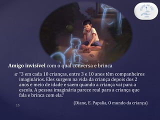 Amigo invisível com o qual conversa e brinca
 “3 em cada 10 crianças, entre 3 e 10 anos têm companheiros
imaginários. Eles surgem na vida da criança depois dos 2
anos e meio de idade e saem quando a criança vai para a
escola. A pessoa imaginária parece real para a criança que
fala e brinca com ela.“
(Diane, E. Papalia, O mundo da criança)
 