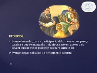 RECURSOS
 Evangelho no lar, com a participação dela, mesmo que pareça
passiva e que se mantenha irriquieta, caso em que os pais
devem buscar meios pedagógicos para entretê-las
 Evangelização sob a luz do pensamento espírita
 