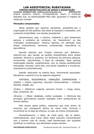 16
LAR ASSISTENCIAL RUBATAIANA
CENTRO ESPIRITUALISTA DE APOIO E ORIENTAÇÃO
Facilitador: RICARDO PLAÇA medicina.psionica@yahoo.com APOSTILA 023
próprio equilíbrio interior, correspondendo, assim, à confiança
daqueles que, na Espiritualidade Mais Alta, aguardam a migalha da
nossa boa vontade.
Vibrações compensadas:
Nesta apostila que estamos estudando, possibilitou-nos a
organização de três gráficos, dois deles já expostos e analisados, com
a possível simplicidade, nos estudos precedentes.
Apresentamos, pois, o terceiro, mediante o qual tentaremos
apreciar o problema da «sintonia», da “ressonância”, ou das
«vibrações compensadas». Sintonia significa, em definição mais
ampla, entendimento, harmonia, compreensão, ressonância ou
equivalência.
Quando dizemos que «Fulano sintoniza com Beltrano»,
referimo-nos, sem dúvida, ao perfeito entendimento entre ambos
existente. Sintonia é, portanto, um fenômeno de harmonia psíquica,
funcionando, naturalmente, à base de vibrações. Duas pessoas
sintonizadas estarão, evidentemente, com as mentes perfeitamente
entrosadas, havendo, entre elas, uma ponte magnética a vinculá-las,
imantando-as profundamente.
Estarão respirando na mesma faixa, intimamente associadas.
Estudemos o assunto à luz do seguinte diagrama:
SINTONIA, RESSONÂNCIA, VIBRAÇÕES COMPENSADAS =
{Sábios = {ideais superiores, assuntos transcendentes = {ciência,
filosofia, religião, etc.
{Índios = {Objetivos vulgares, assuntos triviais. = {caça, pesca,
lutas, presentes, etc.
{Árvores = {Maior vitalidade, melhor produção. = {Permuta dos
princípios germinativos quando colocadas entre companheiras da
mesma espécie.
Pelo exame desse gráfico, notaremos que tudo dentro do
Universo, por conseguinte dentro do nosso orbe, funciona e
movimenta-se na base da sintonia, ou seja, da mútua compreensão.
Exemplifiquemos: o sábio, de modo geral, não se detém,
indefinidamente, para trocar ideias sobre assuntos transcendentes
com o homem rude do campo, nada familiarizado com questões
científicas ou artísticas, que demandam longos estudos.
FRATERNIDADE ESPIRITUALISTA: Rua Manoel Penellas 536 – Santa Rosa Guarujá - SP
 