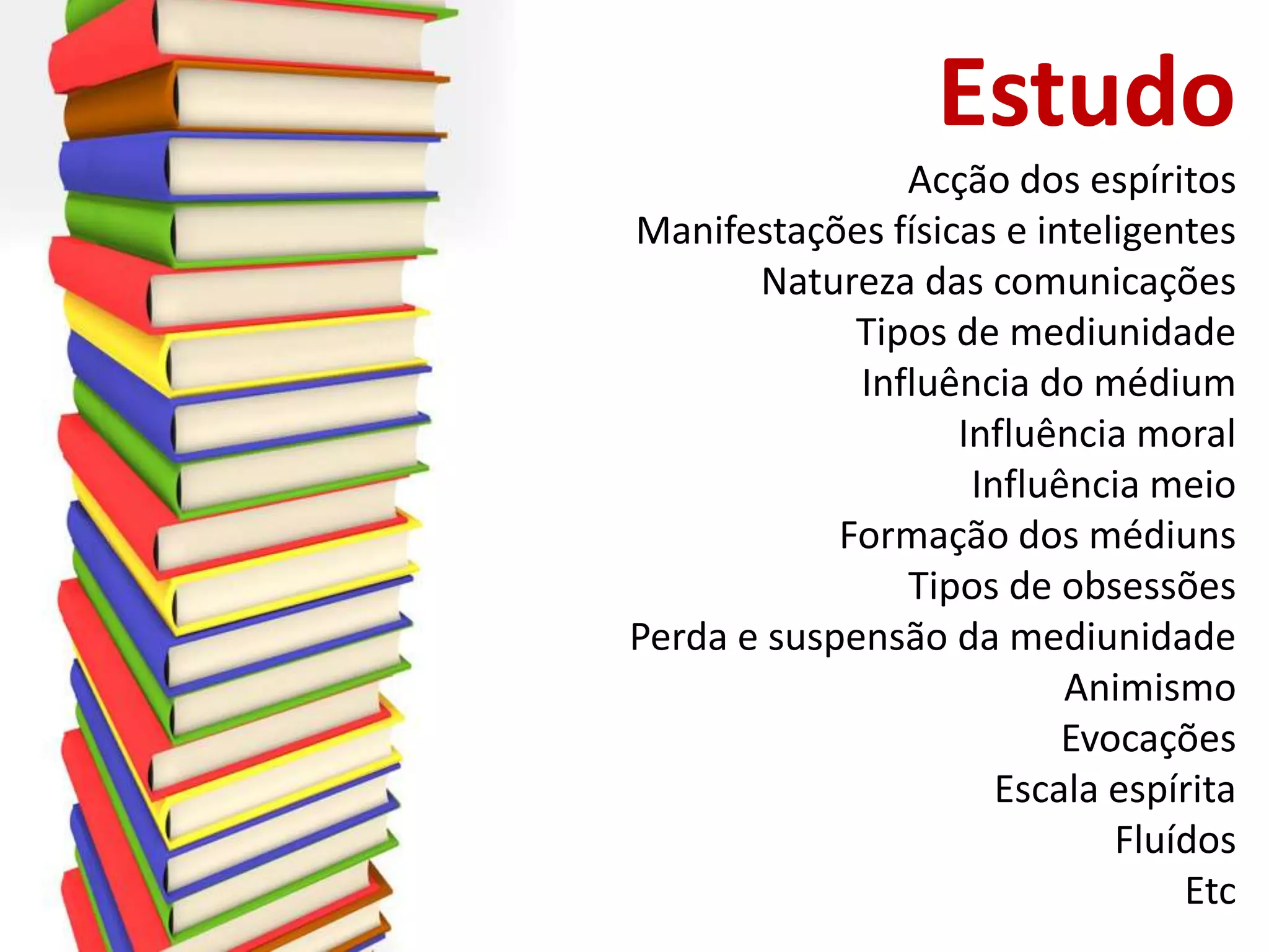 EstudoAcção dos espíritosManifestações físicas e inteligentesNatureza das comunicaçõesTipos de mediunidadeInfluência do médiumInfluência moralInfluência meioFormação dos médiunsTipos de obsessõesPerda e suspensão da mediunidadeAnimismoEvocaçõesEscala espírita FluídosEtc
