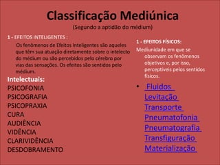 Classificação Mediúnica
(Segundo a aptidão do médium)
1 - EFEITOS FÍSICOS:
Mediunidade em que se
observam os fenômenos
objetivos e, por isso,
perceptíveis pelos sentidos
físicos.
• Fluidos
Levitação
Transporte
Pneumatofonia
Pneumatografia
Transfiguração
Materialização
1 - EFEITOS INTELIGENTES :
Os fenômenos de Efeitos Inteligentes são aqueles
que têm sua atuação diretamente sobre o intelecto
do médium ou são percebidos pelo cérebro por
vias das sensações. Os efeitos são sentidos pelo
médium.
Intelectuais:
PSICOFONIA
PSICOGRAFIA
PSICOPRAXIA
CURA
AUDIÊNCIA
VIDÊNCIA
CLARIVIDÊNCIA
DESDOBRAMENTO
 
