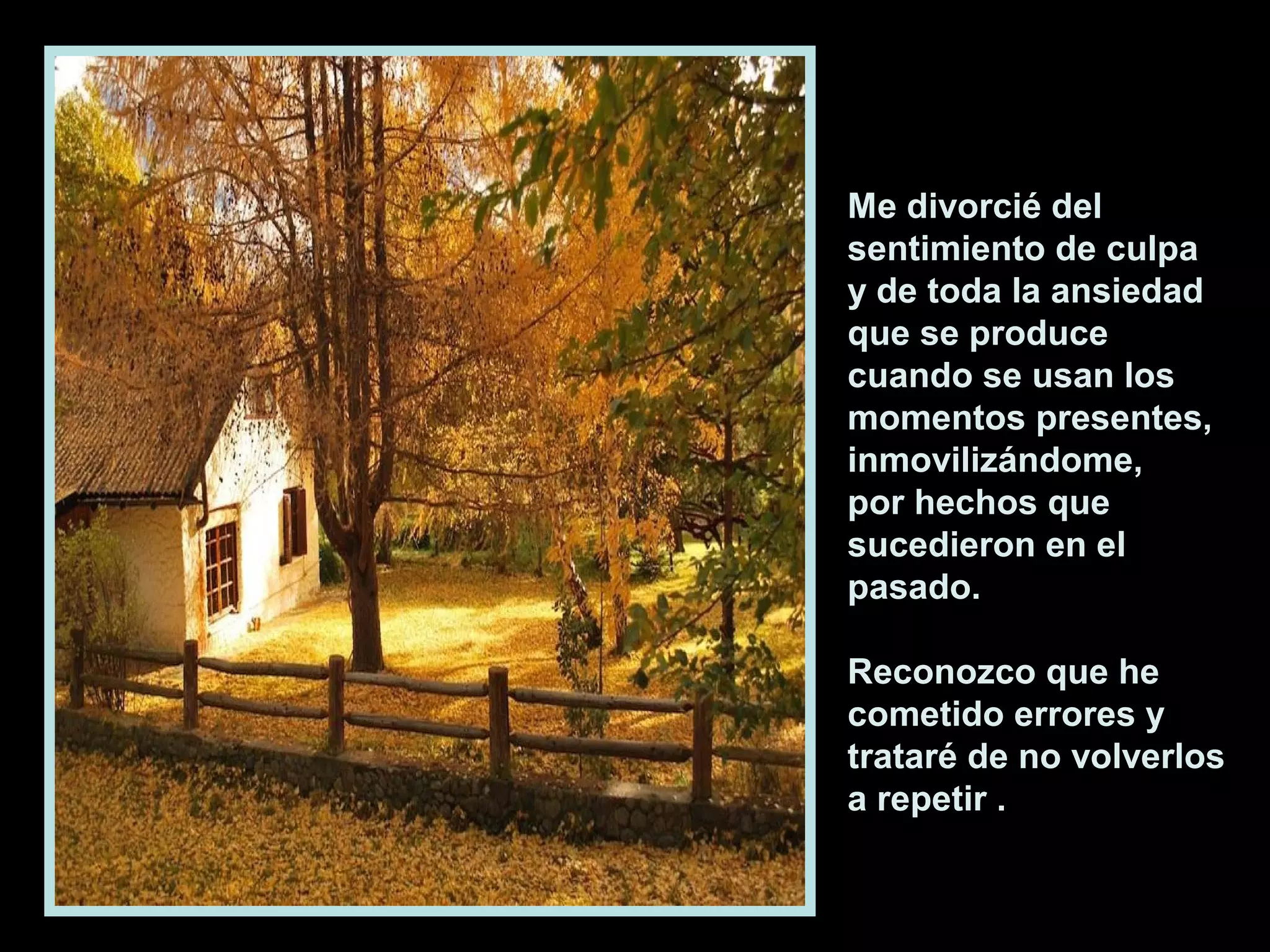 Me divorcié del
sentimiento de culpa
y de toda la ansiedad
que se produce
cuando se usan los
momentos presentes,
inmovilizándome,
por hechos que
sucedieron en el
pasado.
Reconozco que he
cometido errores y
trataré de no volverlos
a repetir .

 
