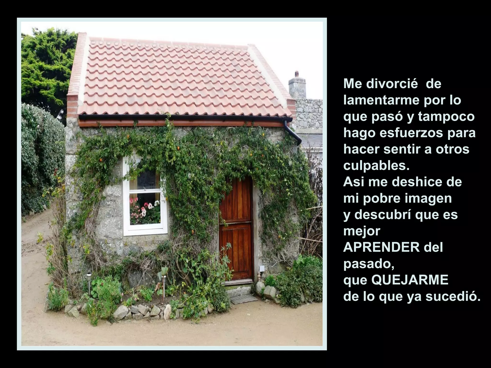 Me divorcié de
lamentarme por lo
que pasó y tampoco
hago esfuerzos para
hacer sentir a otros
culpables.
Asi me deshice de
mi pobre imagen
y descubrí que es
mejor
APRENDER del
pasado,
que QUEJARME
de lo que ya sucedió.

 