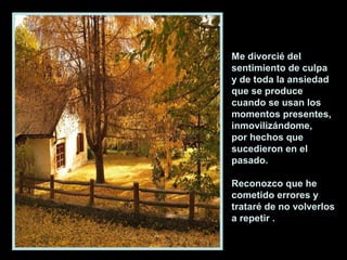 Me divorcié del
sentimiento de culpa
y de toda la ansiedad
que se produce
cuando se usan los
momentos presentes,
inmovilizándome,
por hechos que
sucedieron en el
pasado.
Reconozco que he
cometido errores y
trataré de no volverlos
a repetir .
 