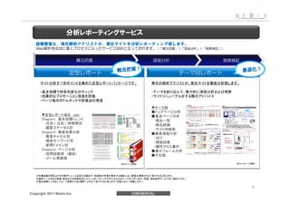 Web




      サイト分析すべきポイントを集めた定型レポートパッケージです。                       専任の解析アナリストが、貴社サイトを徹底分析致します。

      ・基本指標で時系列変化のチェック                                     ・テーマを絞り込んで、集中的に深堀分析および考察
      ・効果的なプロモーション施策を評価                                    ・サイトリニューアルをする際のアドバイス
      ・ページ毎のボトルネックや評価点の発見
                                                           ▼テーマ例
                                                           ●トップページ分析
      ▼定型レポート項目             （抜粋）
                                                           ●重点ページ分析
      Chapter1 基本指標トレンド                                     ‐商品一覧
       ‐月別／日別／時間帯別                                          ‐商品詳細
       ‐顧客ステータス別                                            ‐サイト内検索
      Chapter2 集客効果分析                                      ●集客深堀分析
       ‐集客チャネル別                                             ‐SEO
       ‐検索キーワード別                                            ‐間接効果
       ‐参照ドメイン別                                             -属性クロス集計
      Chapter3 ページ分析                                       ●購入フォーム分析
       ‐訪問回数順 （離脱）                                         ●その他
       ‐ゴール貢献順
                                         （約   ページ程度）                                  （約   ページ程度）




   ※本書記載の想定よりも作業ボリュームを超える場合や、別途他の作業が発生する場合には、都度お見積りさせて頂ければと存じます。
   ※解析ツールのタグ設置・設定などの取得状況により、レポーティングが不十分となるケースがございます。別途、追加設定サービスをご検討ください。
   ※提出納期につきましては、ご依頼から約2週間～とさせて頂ければと存じます（内容に応じて変動します）。




Copyright 2011 Medix.Inc.                        CONFIDENTIAL
 