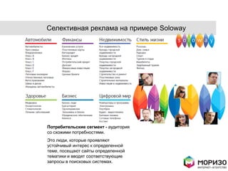 Селективная реклама на примере Soloway




Потребительские сегмент - аудитория
со схожими потребностями.
Это люди, которые проявляют
устойчивый интерес к определенной
теме, посещают сайты определенной
тематики и вводят соответствующие
запросы в поисковых системах.
 