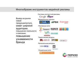Многообразие инструментов медийной рекламы
                       Системы контекстной рекламы

Вывод на рынок         Федеральные порталы
новой
продукции/услуги,
охват широкой          Рекламные сети
аудитории,
повышение лояльности
к компании,
повышение              Тематические ресурсы
узнаваемости
бренда                 Региональные ресурсы



                       Социальные сети
 