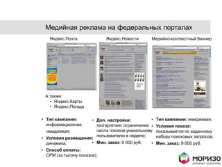 Медийная реклама на федеральных порталах
   Яндекс.Почта              Яндекс.Новости     Медийно-контекстный баннер




 А также:
   • Яндекс.Карты
   • Яндекс.Погода

• Тип кампании:     • Доп. настройки:           •   Тип кампании: имиджевая;
  информационная,     геотаргетинг, ограничение •   Условия показа:
  имиджевая;          числа показов уникальному     показывается по заданному
                      пользователю в неделю;        набору поисковых запросов;
• Условия размещения:
  динамика;         • Мин. заказ: 9 000 руб.    •   Мин. заказ: 9 000 руб.
• Способ оплаты:
  CPM (за тысячу показов);
 