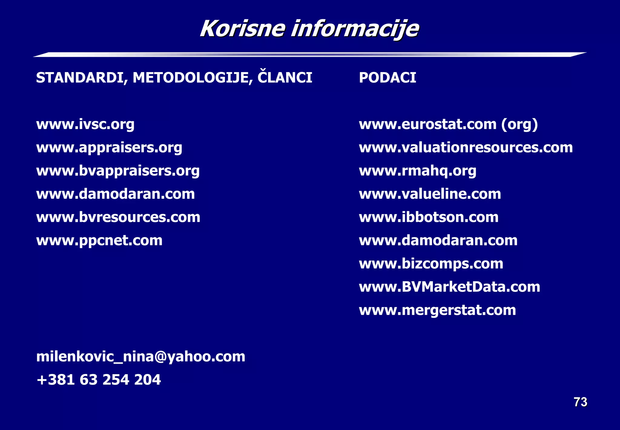 73
73
Korisne informacije
Korisne informacije
STANDARDI, METODOLOGIJE, ČLANCI
www.ivsc.org
www.appraisers.org
www.bvappraisers.org
www.damodaran.com
www.bvresources.com
www.ppcnet.com
milenkovic_nina@yahoo.com
+381 63 254 204
PODACI
www.eurostat.com (org)
www.valuationresources.com
www.rmahq.org
www.valueline.com
www.ibbotson.com
www.damodaran.com
www.bizcomps.com
www.BVMarketData.com
www.mergerstat.com
 