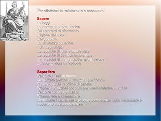 Per effettuare la valutazione è necessarioPer effettuare la valutazione è necessario
Sapere
Le leggiLe leggi
Le norme di buona tecnicaLe norme di buona tecnica
Gli standard di riferimentoGli standard di riferimento
L’igiene del lavoroL’igiene del lavoro
L’ergonomiaL’ergonomia
La sicurezza sul lavoroLa sicurezza sul lavoro
I cicli tecnologiciI cicli tecnologici
Le tecniche di igiene ambientaleLe tecniche di igiene ambientale
Le tecniche di bonifica ambientaleLe tecniche di bonifica ambientale
Le tecniche diLe tecniche di comunicazione/formazionecomunicazione/formazione
Le informazioni sull’aziendaLe informazioni sull’azienda
Saper fareSaper fare
Valutare i livelliValutare i livelli di rischio
Identificare pericoli e situazioniIdentificare pericoli e situazioni pericolosepericolose
Mettere i rischi in ordine di prioritàMettere i rischi in ordine di priorità
Proporre le opzioni possibili perProporre le opzioni possibili per eliminare/ridurre i rischieliminare/ridurre i rischi
Valutare costi ed efficaciaValutare costi ed efficacia
Promuovere e comunicarePromuovere e comunicare
Identificare i casi in cui le proprieIdentificare i casi in cui le proprie competenze sono inadeguate ecompetenze sono inadeguate e
occorrono altre competenzeoccorrono altre competenze
 
