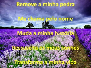 Remove a minha pedra
Me chama pelo nome
Muda a minha história
Ressuscita os meus sonhos
Transforma a minha vida
 