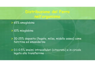 Distribuzione del Ferro
nell’organismo
 65% emoglobina
 10% mioglobina
 20-25% deposito (fegato, milza, midollo osseo) come
ferritina ed emosiderina
 0.1-0.5% enzimi intracellulari (citocromi) e in circolo
legato alla transferrina
 