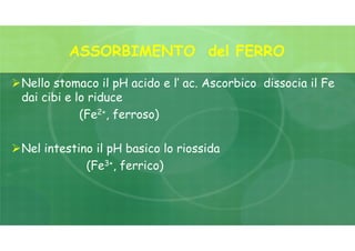 ASSORBIMENTO del FERRO
Nello stomaco il pH acido e l’ ac. Ascorbico dissocia il Fe
dai cibi e lo riduce
(Fe2+, ferroso)
Nel intestino il pH basico lo riossida
(Fe3+, ferrico)
 