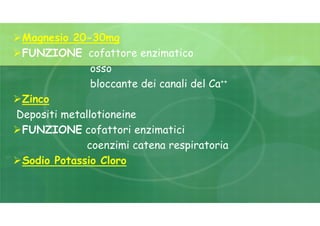Magnesio 20-30mg
FUNZIONE cofattore enzimatico
osso
bloccante dei canali del Ca++
Zinco
Depositi metallotioneine
FUNZIONE cofattori enzimatici
coenzimi catena respiratoria
Sodio Potassio Cloro
 