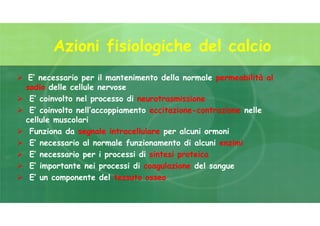  E’ necessario per il mantenimento della normale permeabilità al
sodio delle cellule nervose
 E’ coinvolto nel processo di neurotrasmissione
 E’ coinvolto nell’accoppiamento eccitazione-contrazione nelle
cellule muscolari
 Funziona da segnale intracellulare per alcuni ormoni
 E’ necessario al normale funzionamento di alcuni enzimi
 E’ necessario per i processi di sintesi proteica
 E’ importante nei processi di coagulazione del sangue
 E’ un componente del tessuto osseo
Azioni fisiologiche del calcio
 
