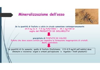 Se la quantità di fosfato e calcio in circolo aumentano contemporaneamente
(4.5 mg Ca X 7.8 mg Po4)/100ml = 35.1 mg/100 ml
soglia del PRODOTTO DI SOLUBILITA’
precipitato di FOSFATO DI CALCIO
Evento che deve essere evitato per impedire la formazione inappropriata di cristalli.
Molto controllato
Se quantità di Ca aumenta, quella di fosfato (fosfatemia, 2,5-4,5 mg/dl nell'adulto) deve
diminuire e viceversa: organi e ormoni percepiscono e regolano i livelli plasmatici
Mineralizzazione dell’osso
 