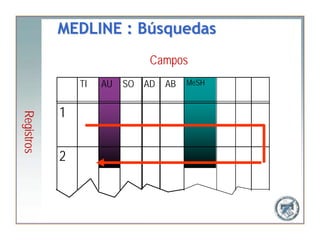 MEDLINE : Búsquedas
                              Campos
                TI   AU   SO AD   AB   MeSH


            1
Registros




            2
 