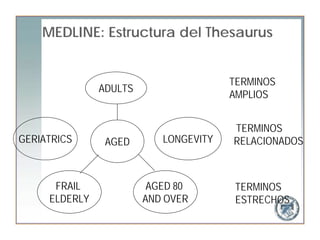 MEDLINE: Estructura del Thesaurus


                                       TERMINOS
               ADULTS
                                       AMPLIOS


                                       TERMINOS
GERIATRICS      AGED       LONGEVITY   RELACIONADOS



      FRAIL              AGED 80        TERMINOS
     ELDERLY            AND OVER        ESTRECHOS
 