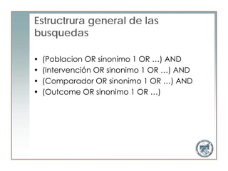 Estructrura general de las
busquedas

•   (Poblacion OR sinonimo 1 OR …) AND
•   (Intervención OR sinonimo 1 OR …) AND
•   (Comparador OR sinonimo 1 OR …) AND
•   (Outcome OR sinonimo 1 OR …)
 