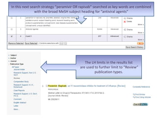 In this next search strategy “peramivir OR rapivab” searched as key words are combined
with the broad MeSH subject heading for “antiviral agents”
The LH limits in the results list
are used to further limit to “Review”
publication types.
 