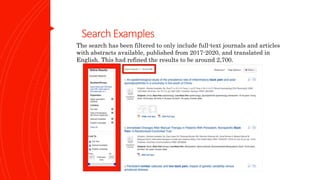 SearchExamples
The search has been filtered to only include full-text journals and articles
with abstracts available, published from 2017-2020, and translated in
English. This had refined the results to be around 2,700.
 