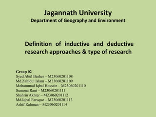 Jagannath University
Department of Geography and Environment
Definition of inductive and deductive
research approaches & type of research
Group 02
Syed Abul Basher – M23060201108
Md.Zahidul Islam – M23060201109
Mohammad Iqbal Hossain – M23060201110
Sumona Rani – M23060201111
Shahrin Akhter – M23060201112
Md.Iqbal Faruque – M23060201113
Ashif Rahman – M23060201114
 