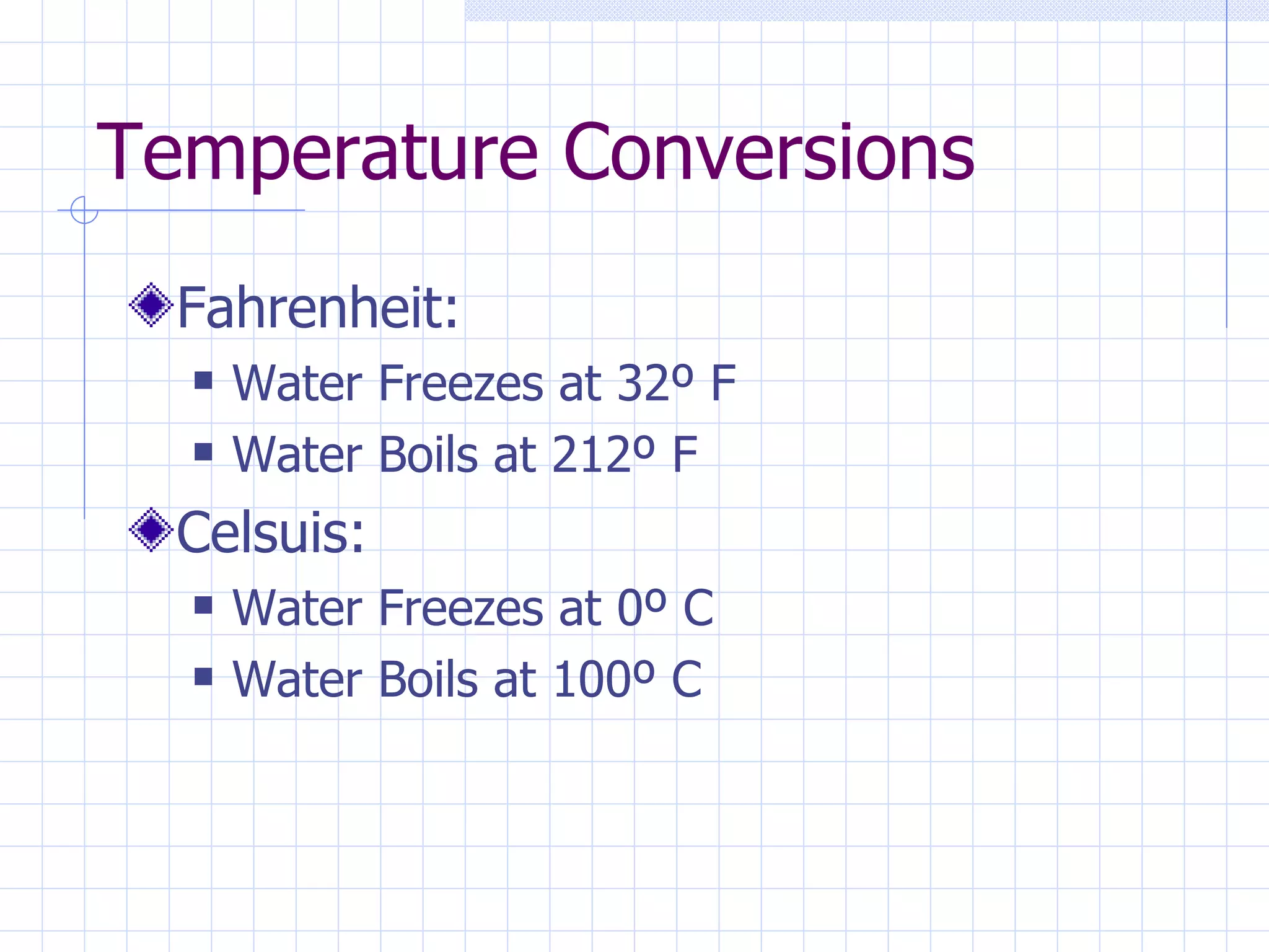 Temperature Conversions Fahrenheit: Water Freezes at 32 º F Water Boils at 212º F Celsuis: Water Freezes at 0 º C Water Boils at 100º C 