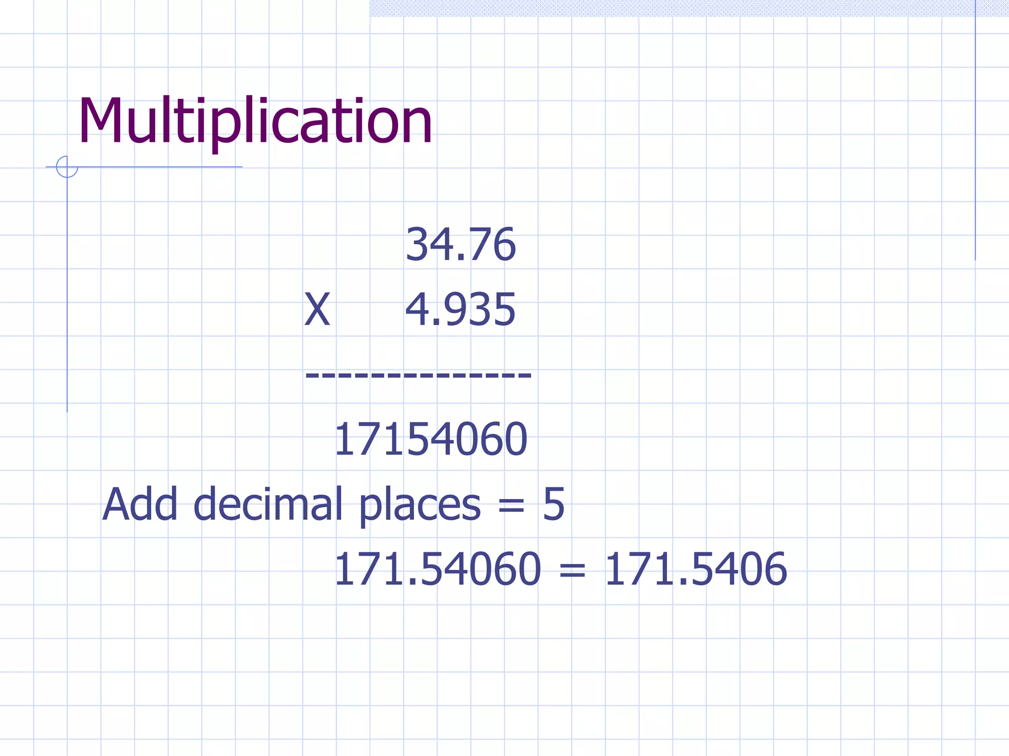 Multiplication 34.76 X 4.935 --------------   17154060 Add decimal places = 5   171.54060 = 171.5406 