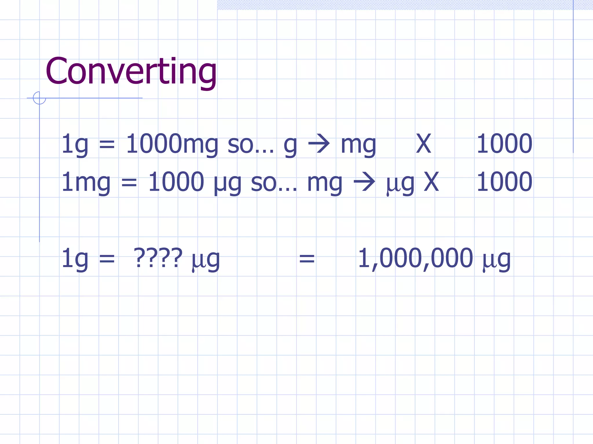 Converting 1g = 1000mg so… g    mg X 1000 1mg = 1000  µg so… mg      g X  1000 1g =  ????   g = 1,000,000   g 