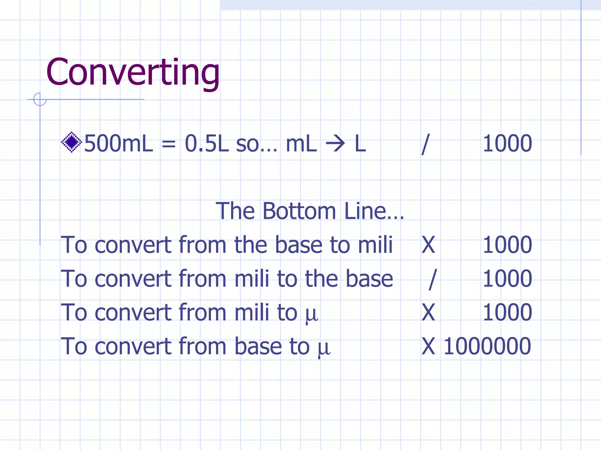 Converting 500mL = 0.5L so… mL    L / 1000 The Bottom Line… To convert from the base to mili  X 1000 To convert from mili to the base  / 1000 To convert from mili to   X 1000 To convert from base to   X 1000000 