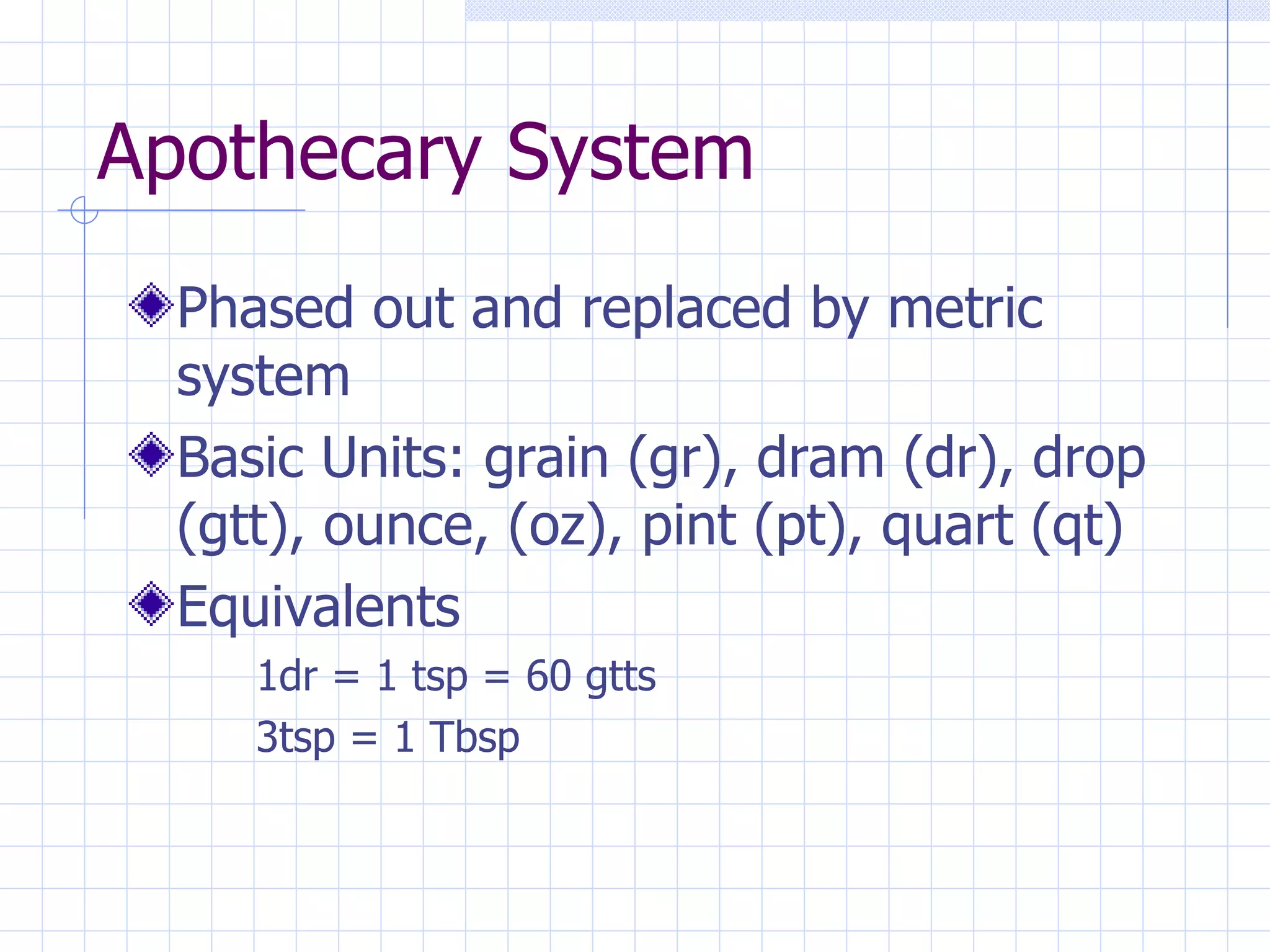 Apothecary System Phased out and replaced by metric system Basic Units: grain (gr), dram (dr), drop (gtt), ounce, (oz), pint (pt), quart (qt) Equivalents 1dr = 1 tsp = 60 gtts 3tsp = 1 Tbsp 