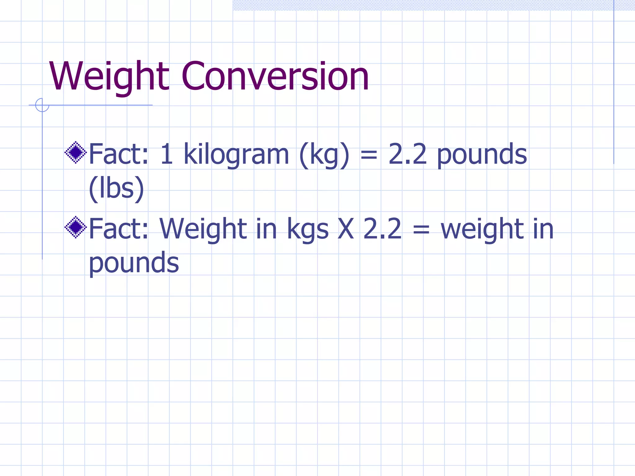Weight Conversion Fact: 1 kilogram (kg) = 2.2 pounds (lbs) Fact: Weight in kgs X 2.2 = weight in pounds 
