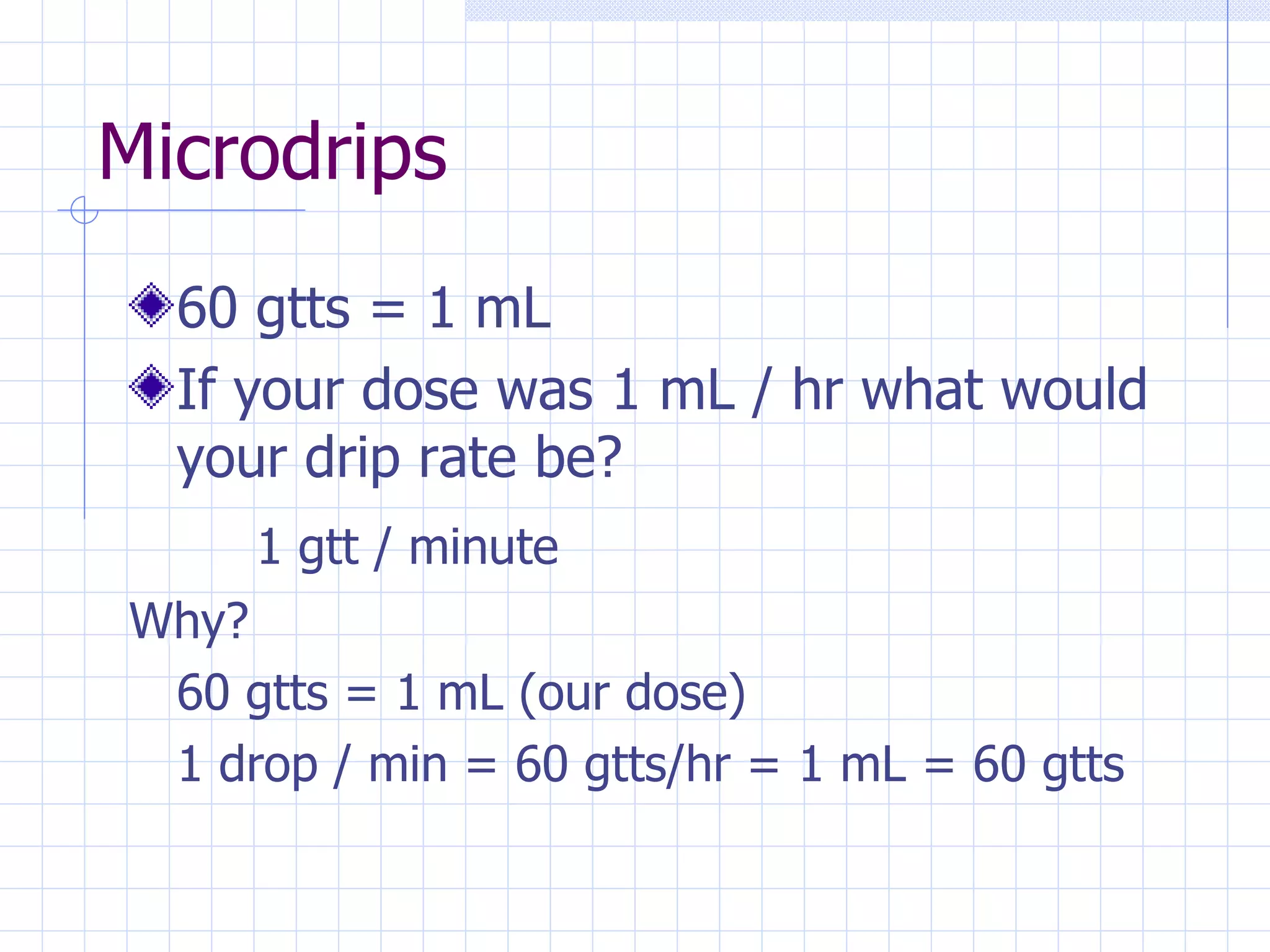 Microdrips 60 gtts = 1 mL If your dose was 1 mL / hr what would your drip rate be? 1 gtt / minute Why? 60 gtts = 1 mL (our dose) 1 drop / min = 60 gtts/hr = 1 mL = 60 gtts 