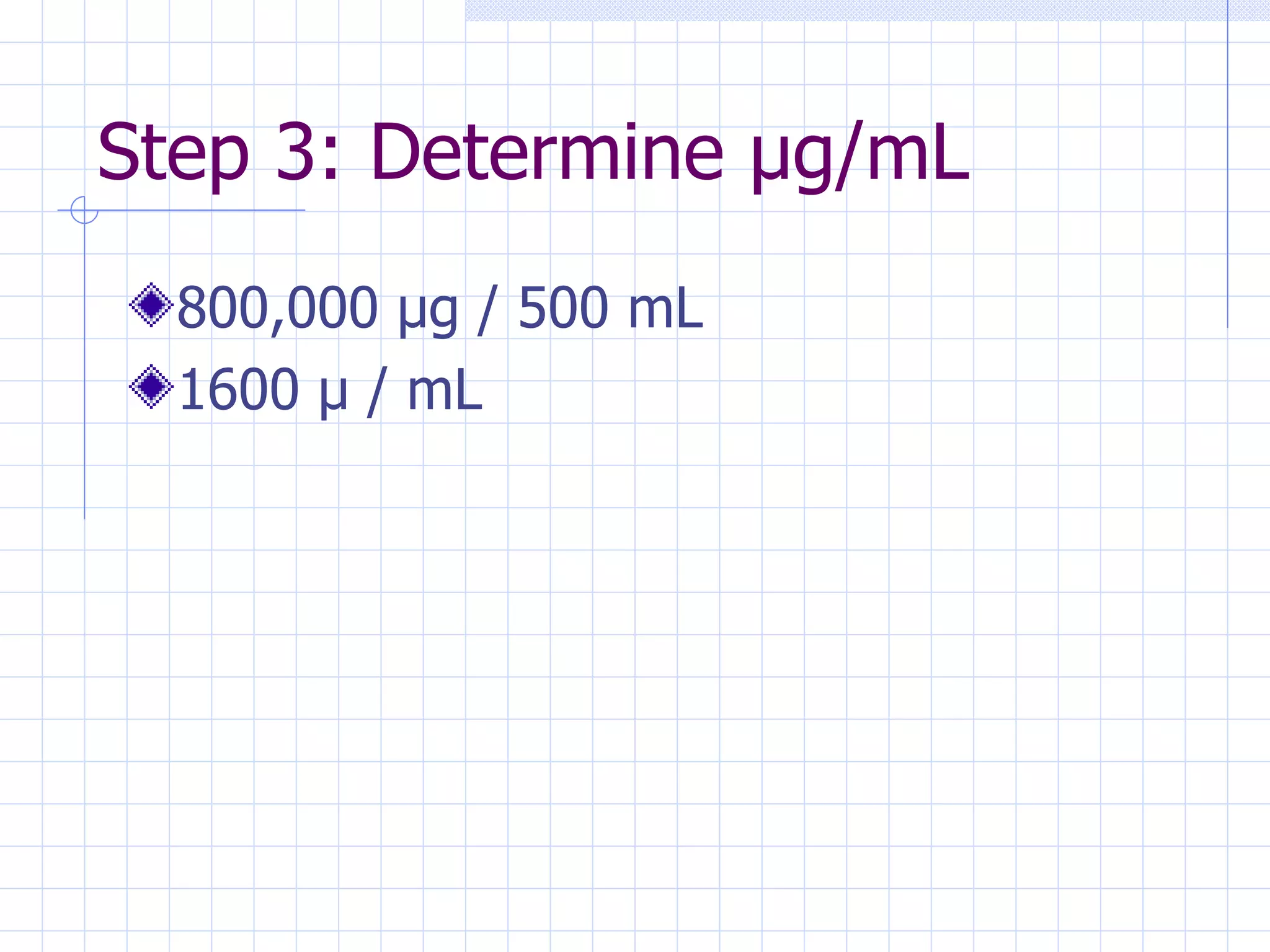 Step 3: Determine  µg/mL 800,000  µg / 500 mL 1600 µ / mL 